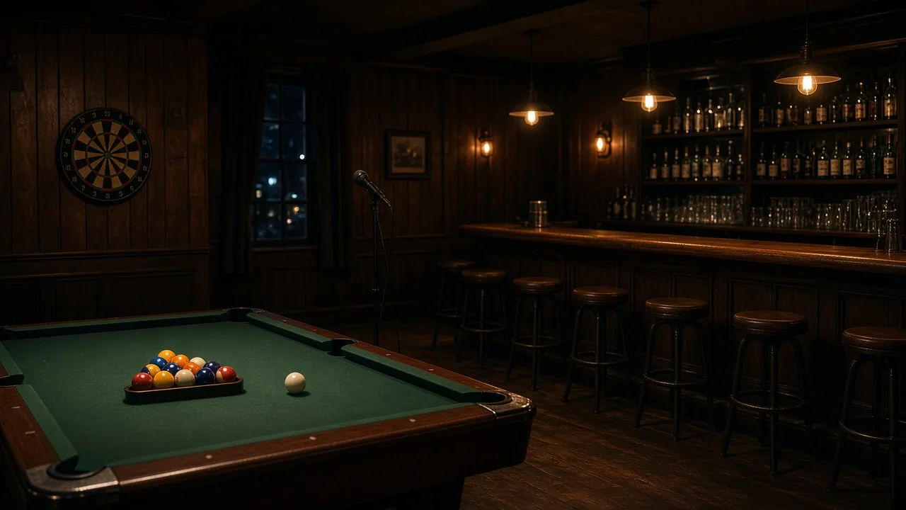 An empty neighborhood pub at night with a pool table, a dartboard on wood paneling and a microphone stand by the bar
